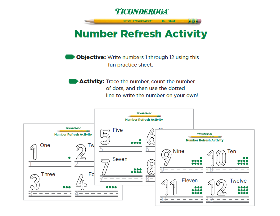 Fun number practice sheet for kids: tracing and writing numbers 1 to 12.